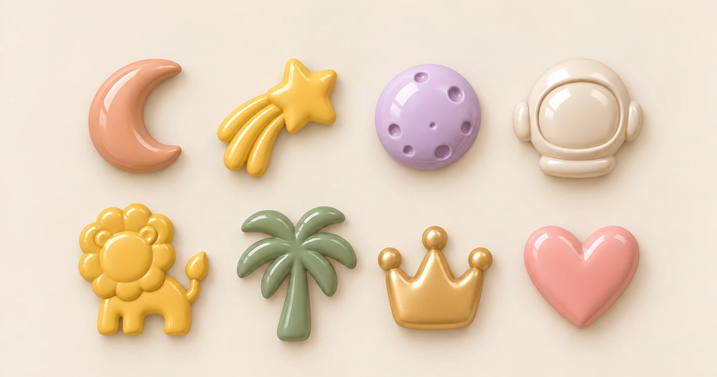 Figuras de pared en tonos pastel: luna, estrella fugaz, planeta, astronauta, león, palmera, corona y corazón