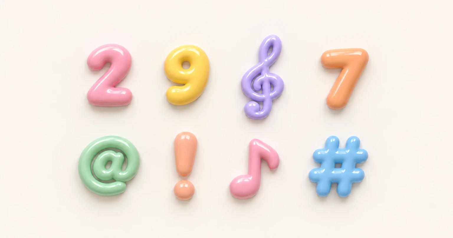 Números y símbolos en 3D real: 2, 9, clave de sol, numeral, arroba, signo de exclamación, nota musical y 7, en tonos pastel